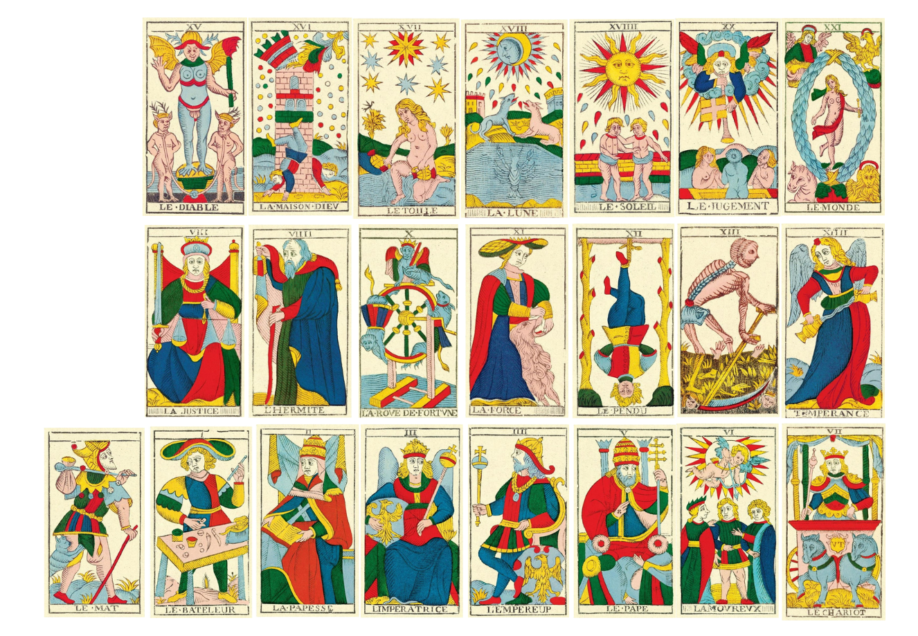 Tutti gli Arcani Maggiori dei Tarocchi di Marsiglia in sequenza