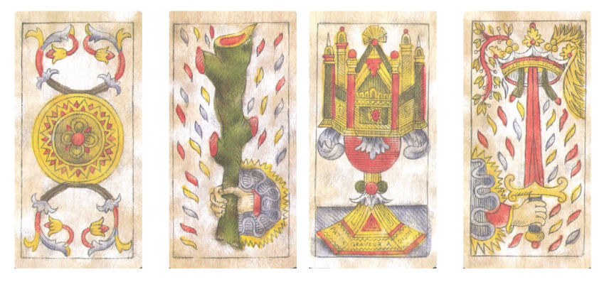 I quattro Assi dei Tarocchi: Denari, Bastoni, Coppe, Spade